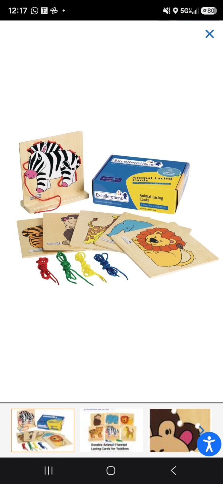 New Sealed Excellerations Animal Lacing Cards Wooden Fine Motor Learning Toy Set