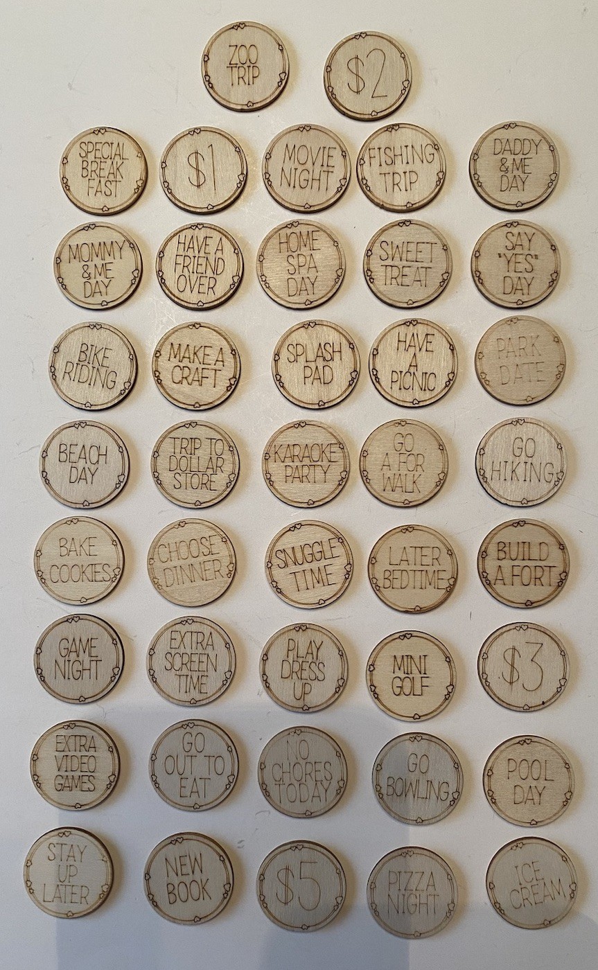 Reward Tokens For Kids Family Fun Day/Night 42 Tokens Lightweight Wood