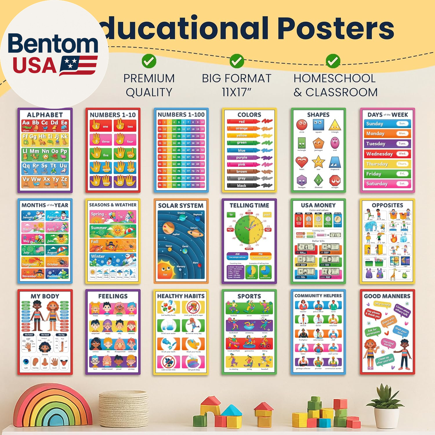 Educational Posters for Kids – 18 Laminated Preschool Posters for Classroom, Alp