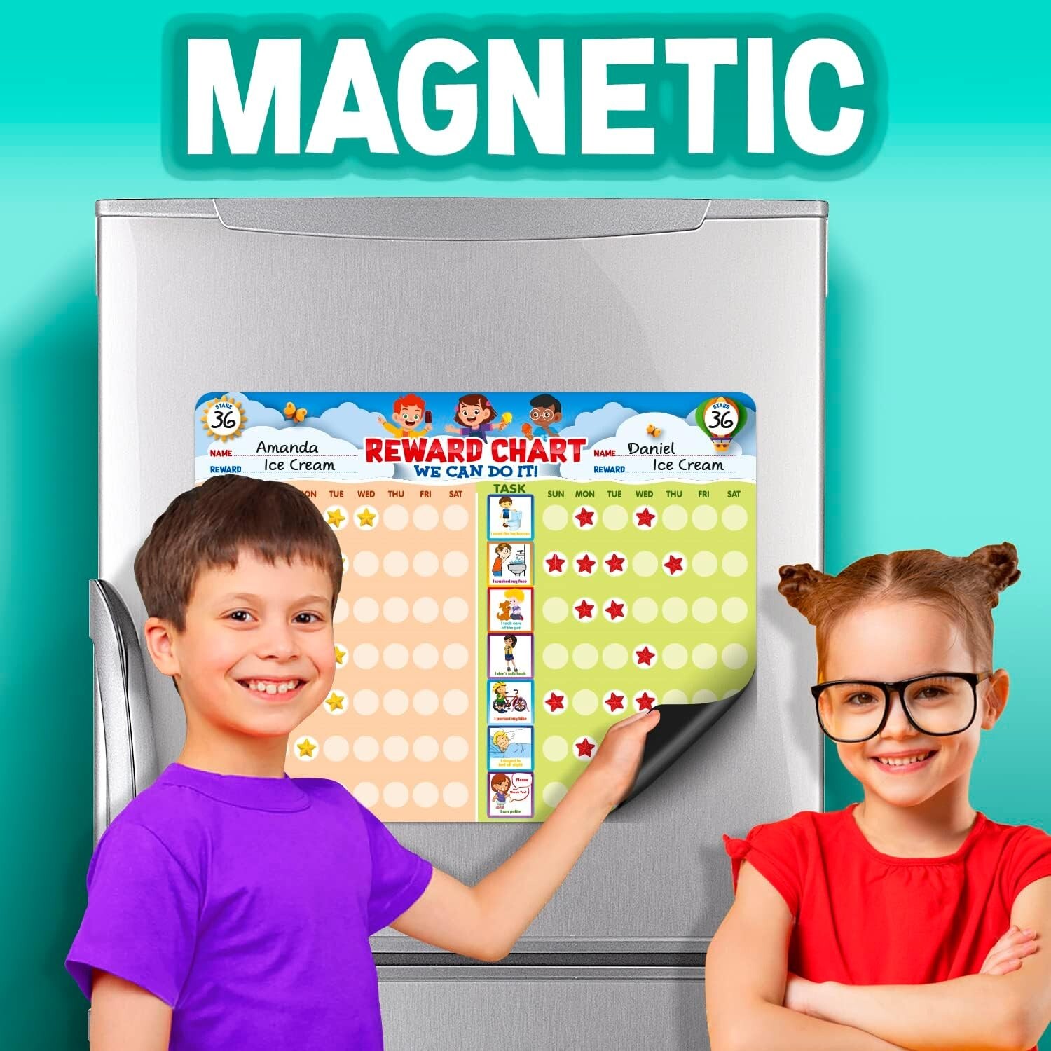 Educational Magnetic Chore Chart for 2 Children with Dry Erase Functionality