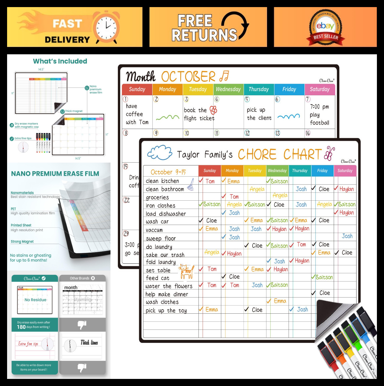 Magnetic Dry Erase Chore Chart & Monthly Calendar – 14.5″x11″, Fridge Organizer,