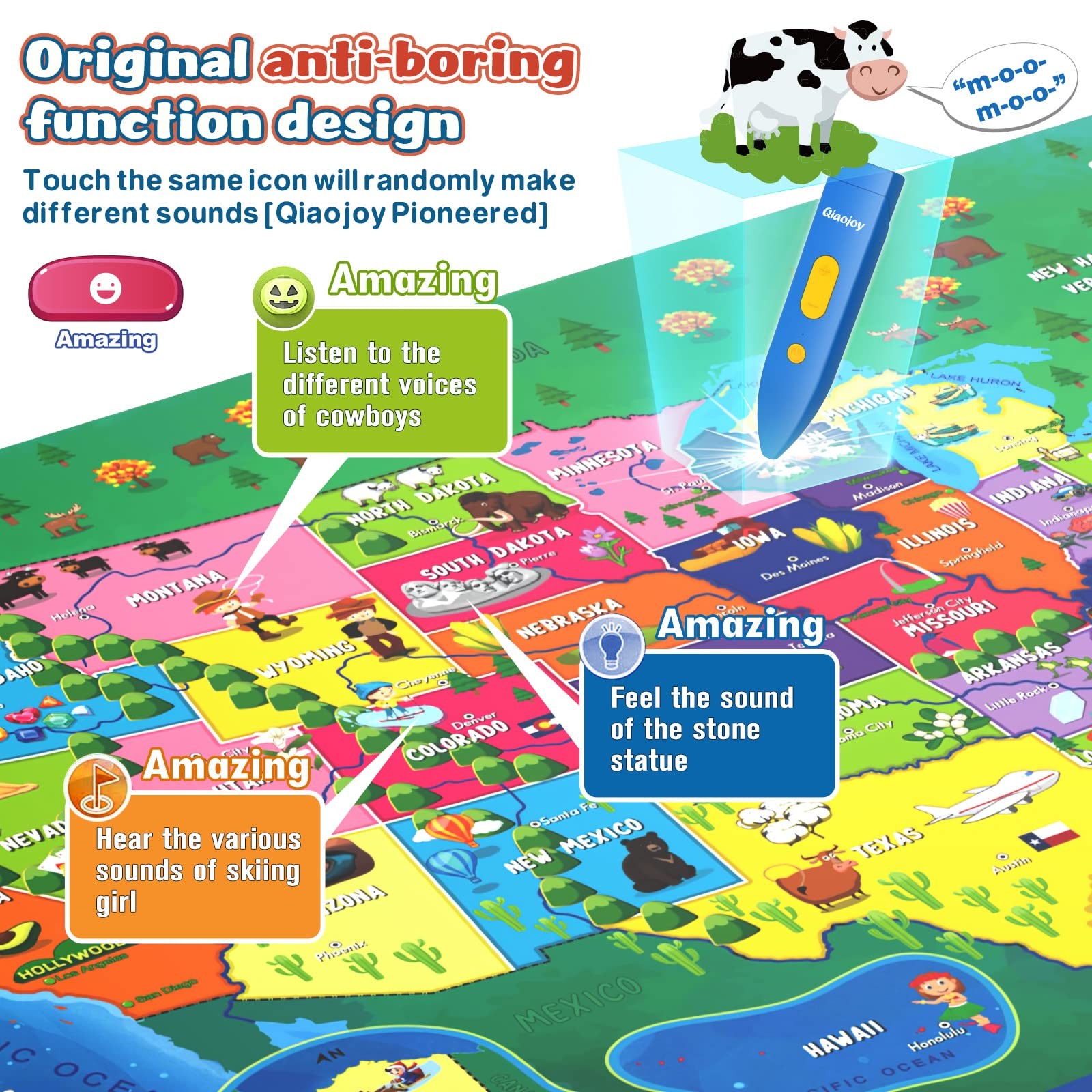 Qiaojoy V2 Interactive Kids Map Bilingual Poster (9″ x 10″ x 1″), Multicolor