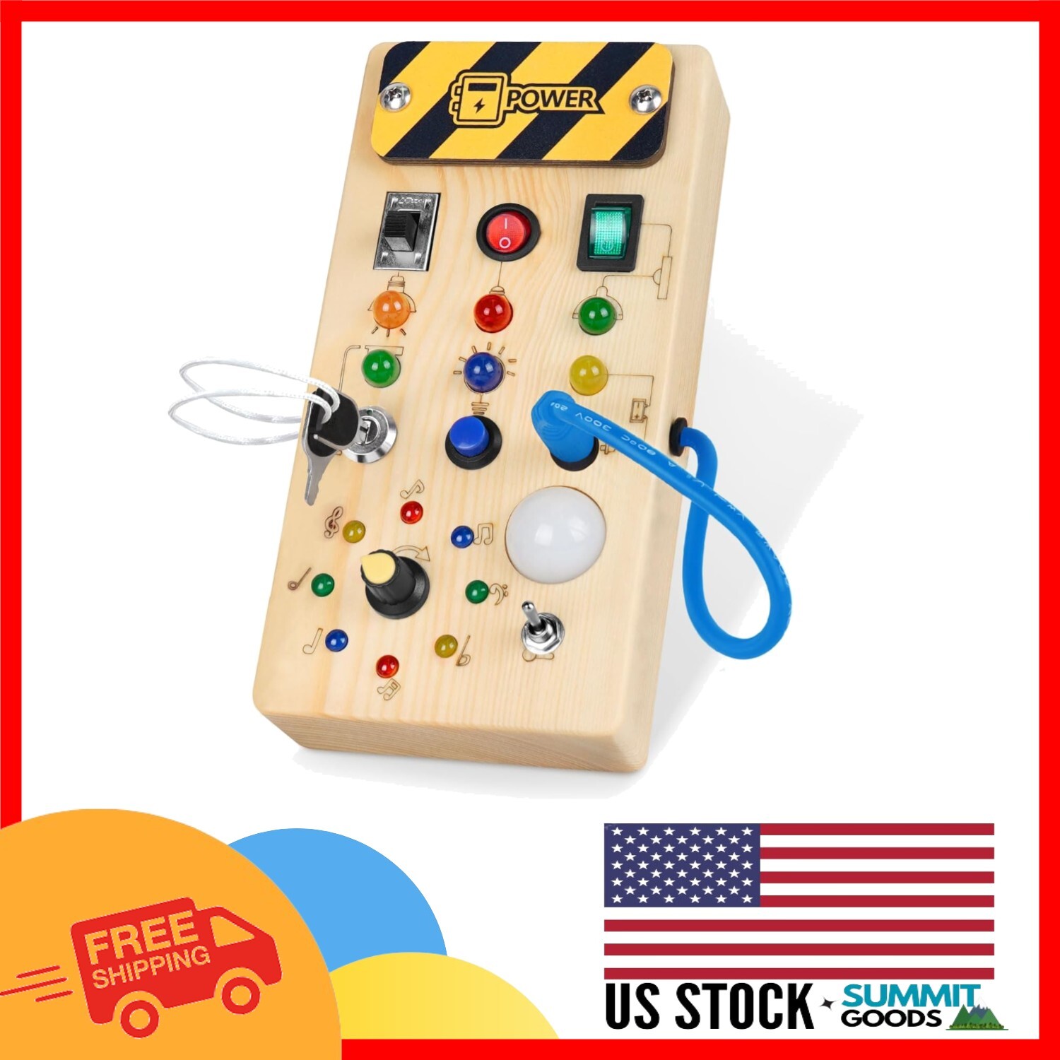 Handcrafted Montessori Busy Board for Ages 1+, 8 LED Lights for Sensory Learning