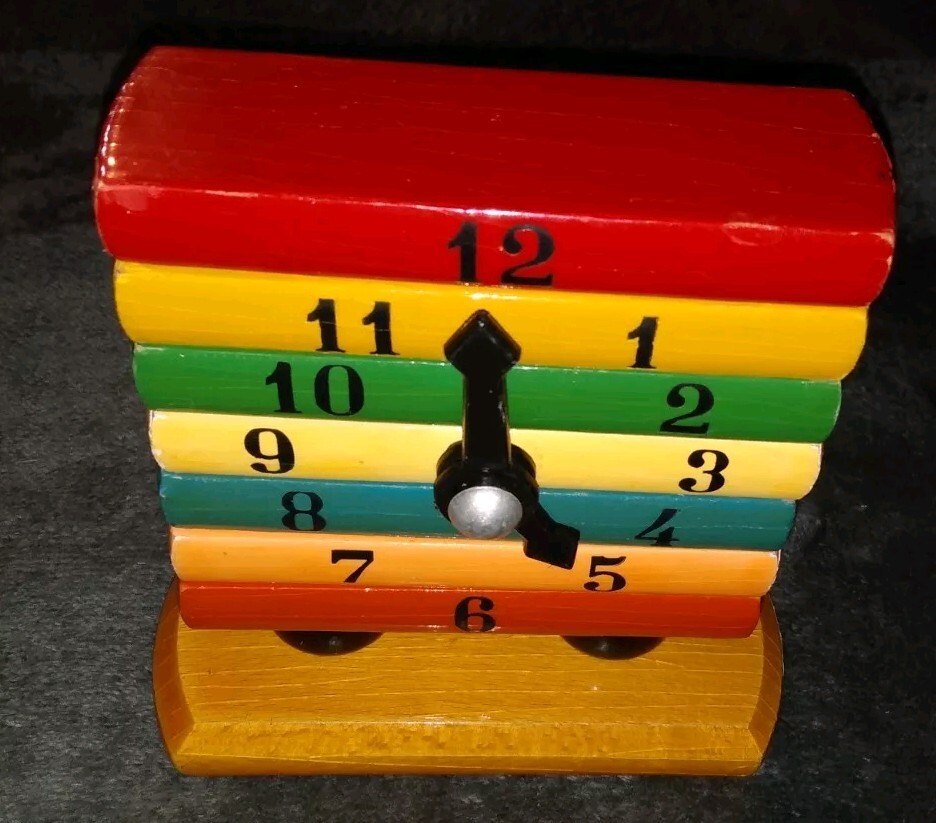 Vintage Kouvalias Wooden Toy Clock Building Block Bright Colors Learning Toy