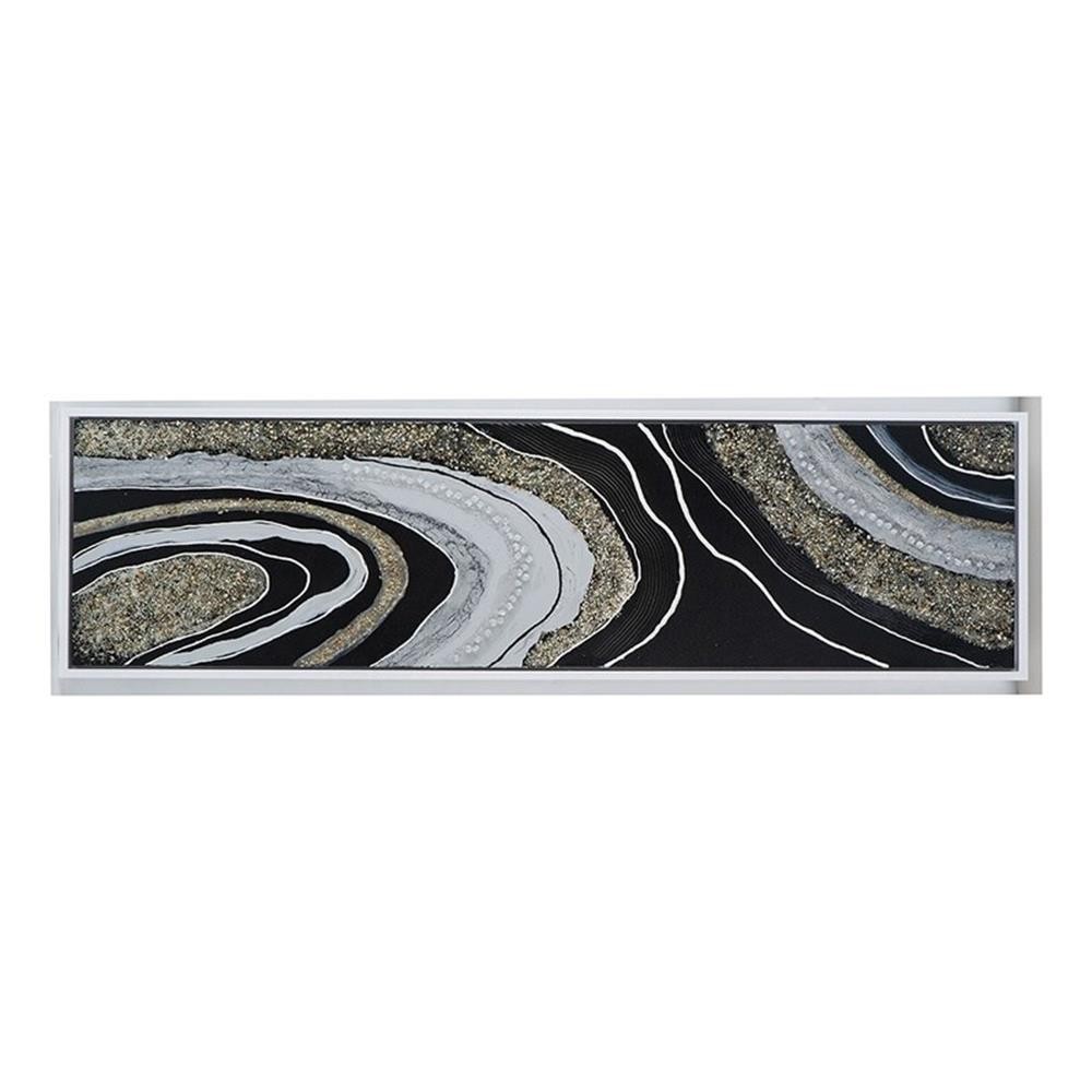 Benjara 20 x 71 Wall Art Oil Painting- Long L&scape- Silver Stones- Brown- Black