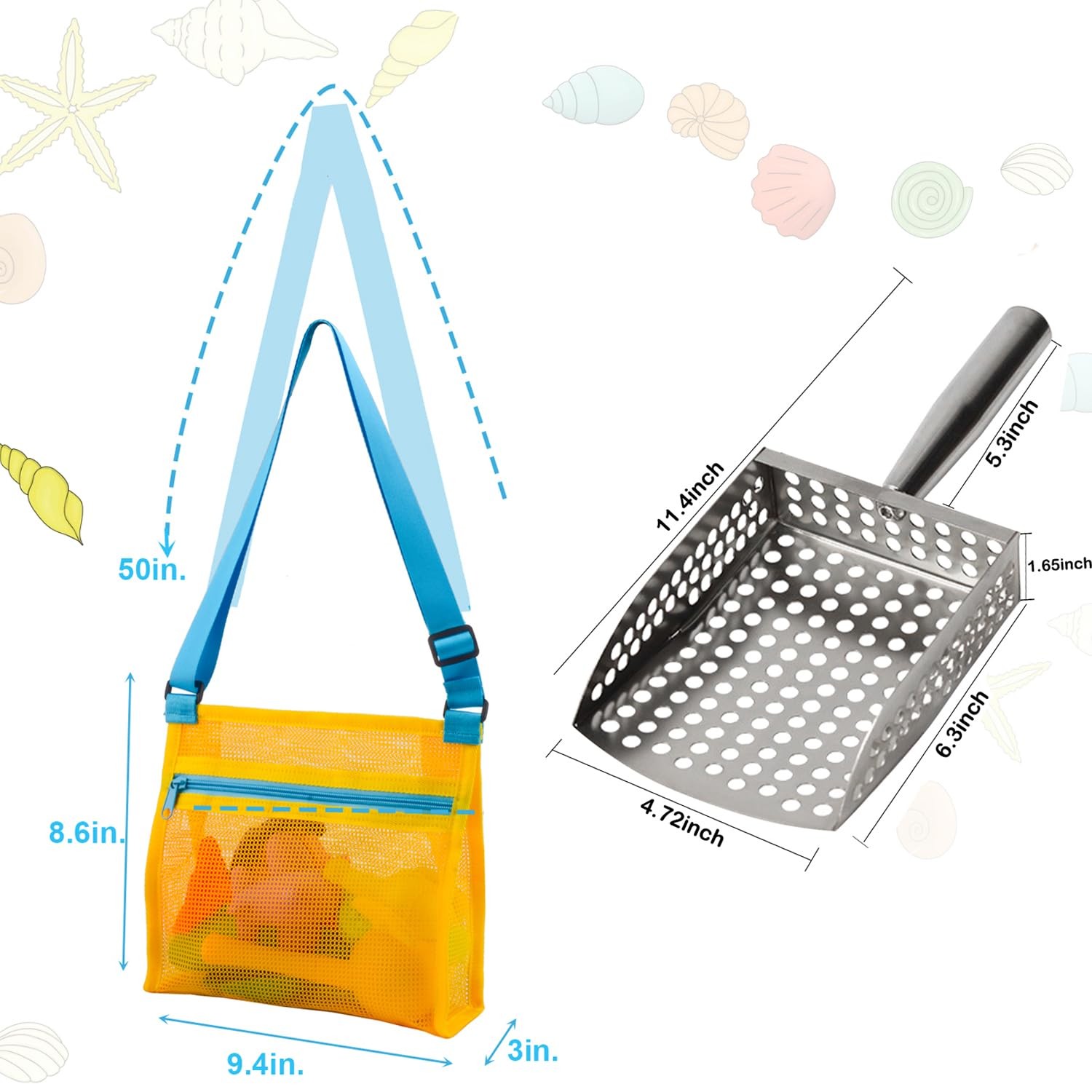 Beach Toys for Kids Sand Sifter Shovel with Mesh Beach Bag, Detachable Shell Sco