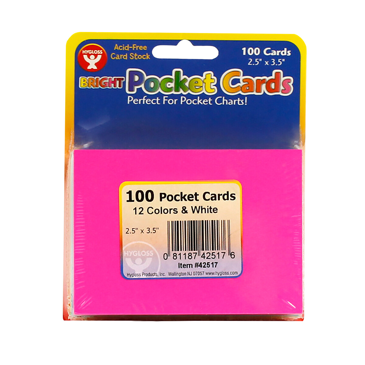 Hygloss Pocket Cards 2.5″X3.5″ 100/Pkg – 8 Each Of 12 Colors + 4 White, 42517