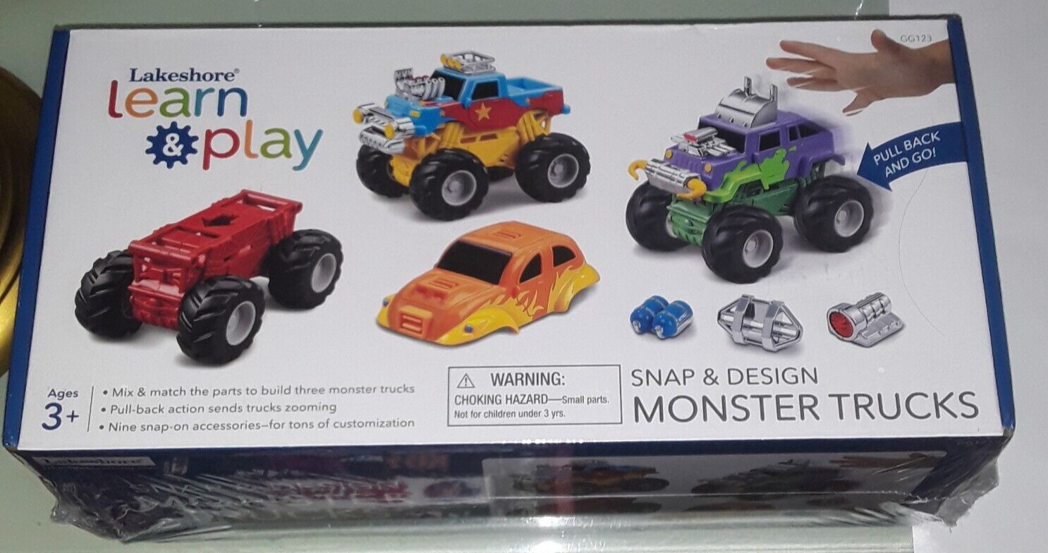 lakeshore learn & play SNAP & DESIGN MONSTER TRUCKS NEW edge / corner dings