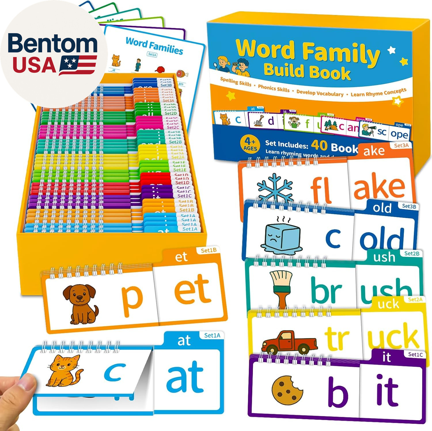 Phonics Flash Cards Word Family Build Book, 40 Read & Rhyme Flip Books, Learn to