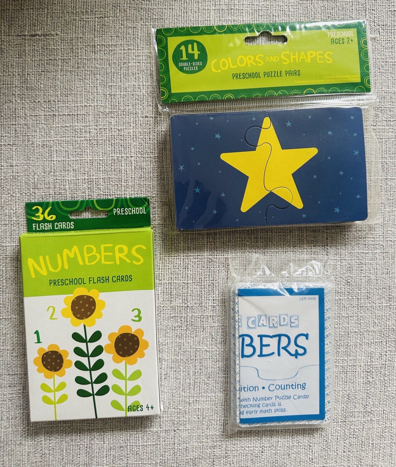 Lot Of 3 Preschool Numbers, Shapes, Letters Games Homeschool Flash Cards