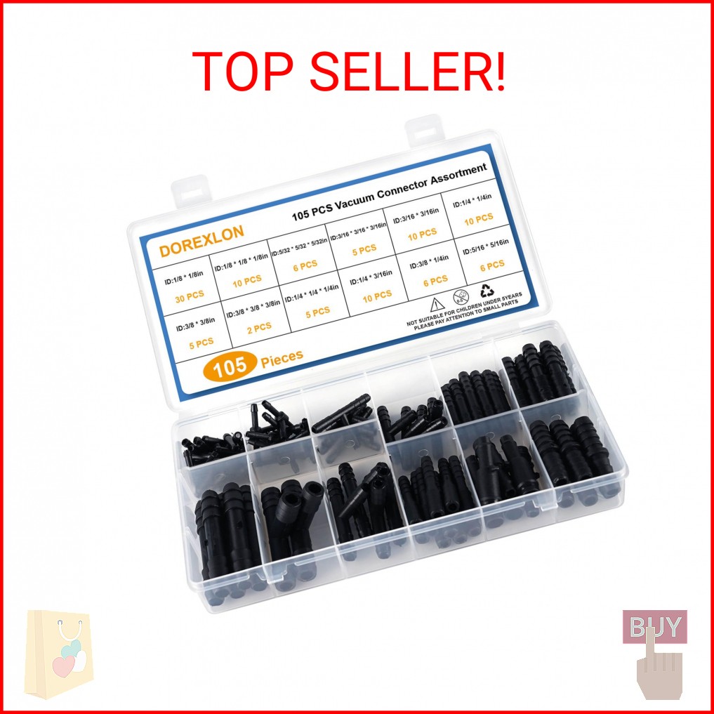105PCS Automotive Vacuum Connector Assortment, 1/8″ 3/16″ 1/4″ 5/16″ 3/8″ Vacuum