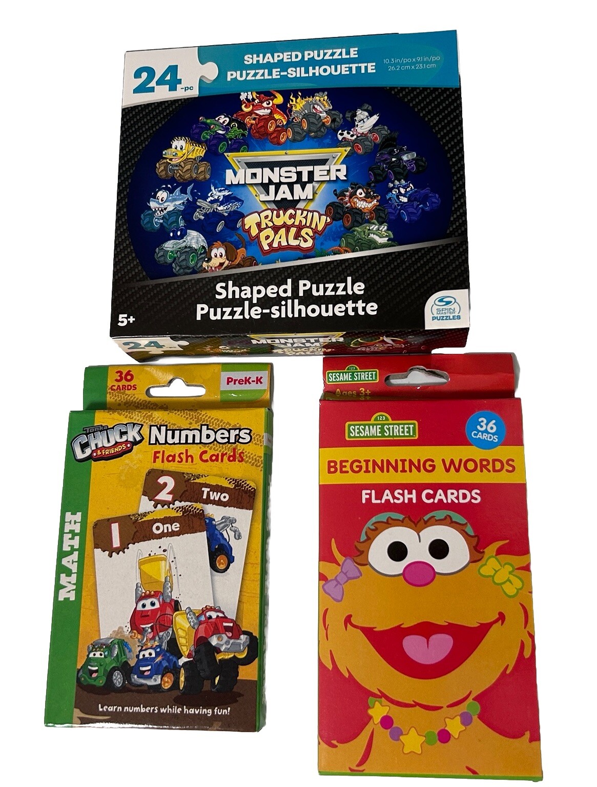 Monster Jam Puzzle, Tonka Chuck Numbers and Seame St Beginning Words Flash Cards