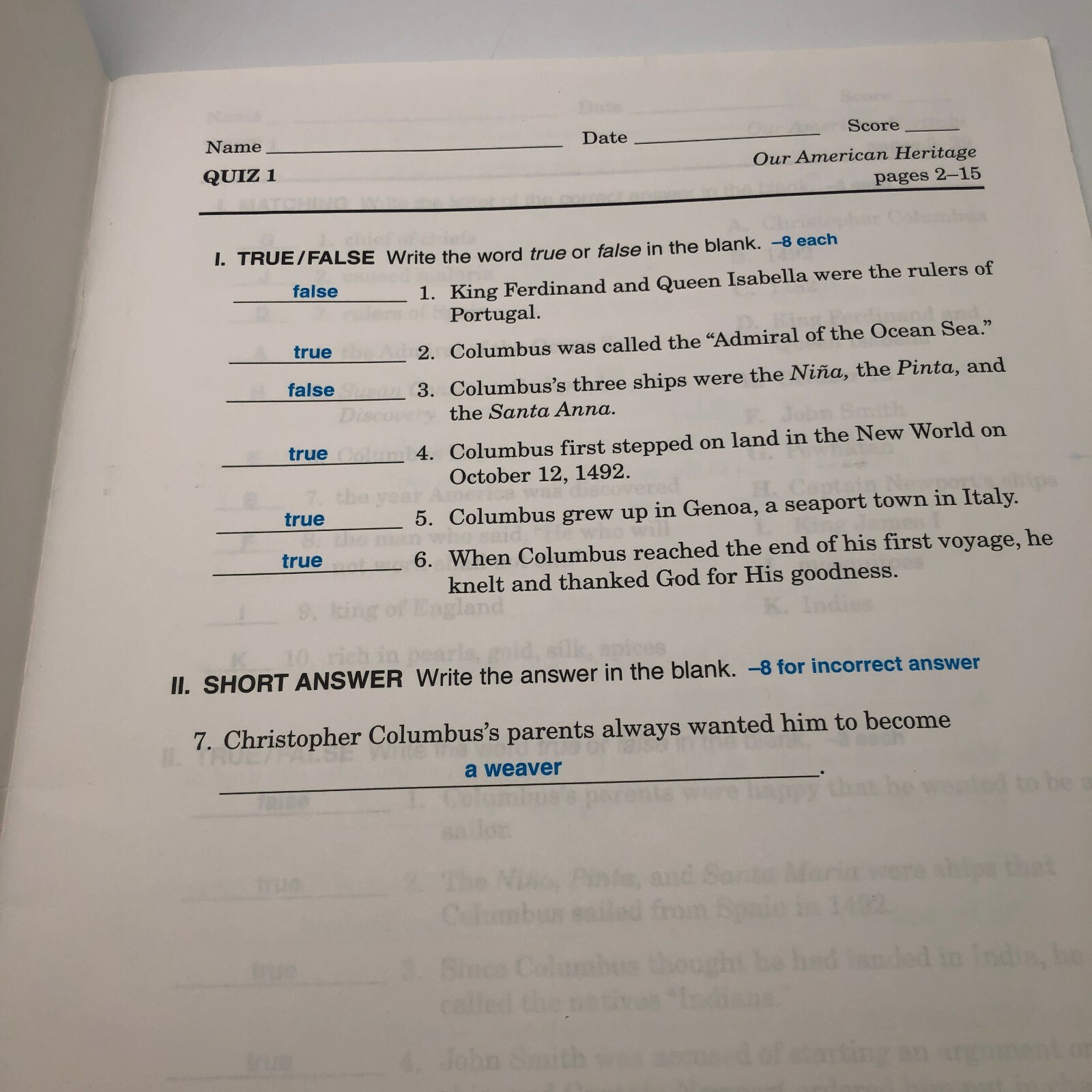 Abeka Our American Heritage 3 Quizzes & Tests Key 4th Ed, Excellent Condition
