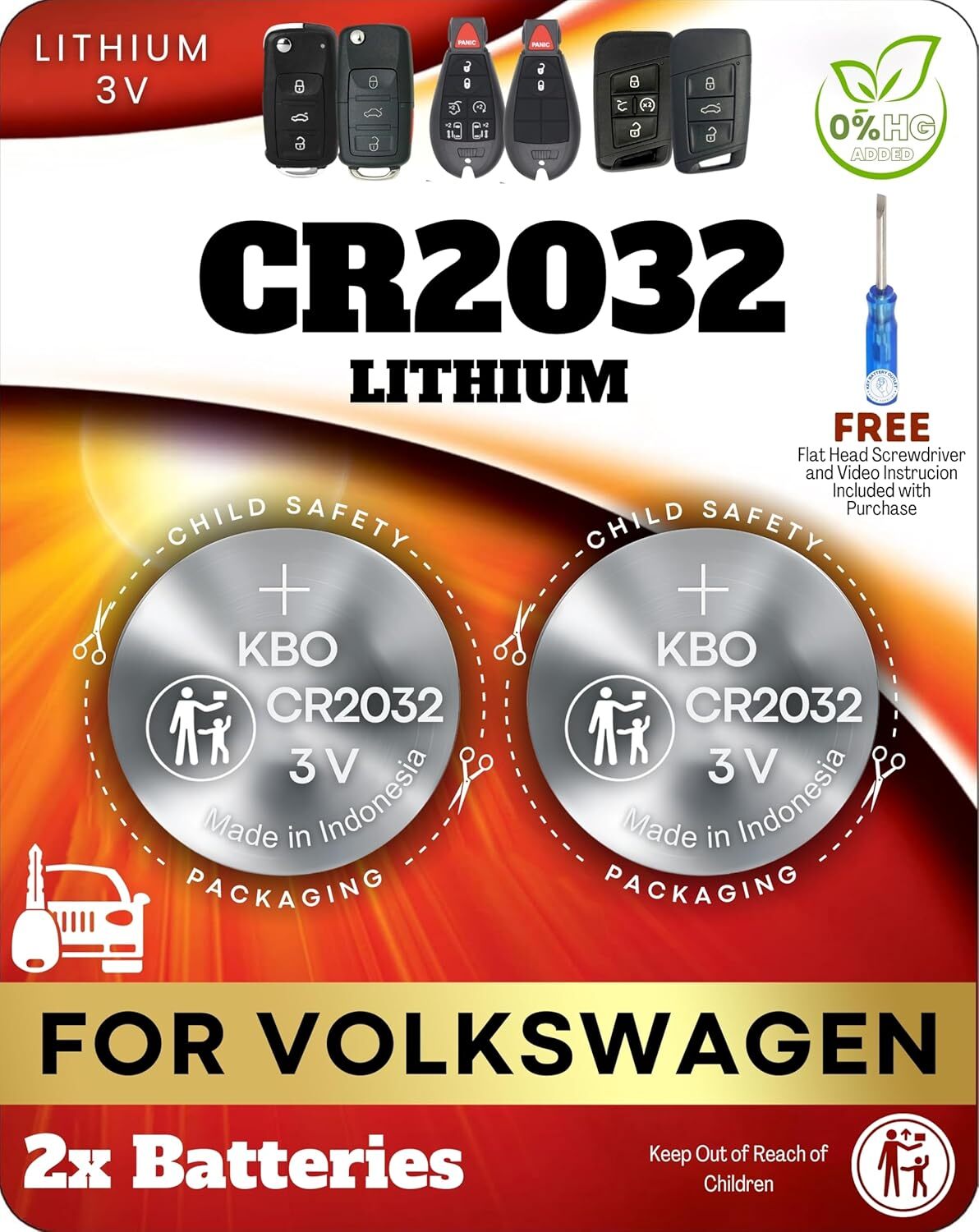 CR2032 2-Pack Key Fob Battery Replacement Kit for Volkswagen – Compatible with