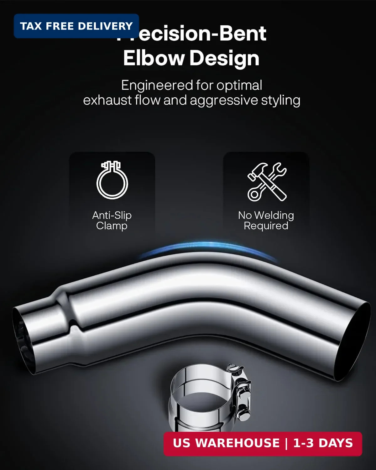 5″ Diesel Exhaust Tip Elbow 5″ Inlet 6″ Outlet 23″ Long Chrome with Clamp
