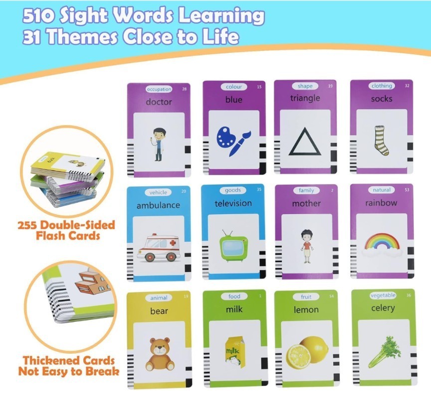 Sight Words Flash Cards Set, Electronic Device, 255 Cards, 31 Themes