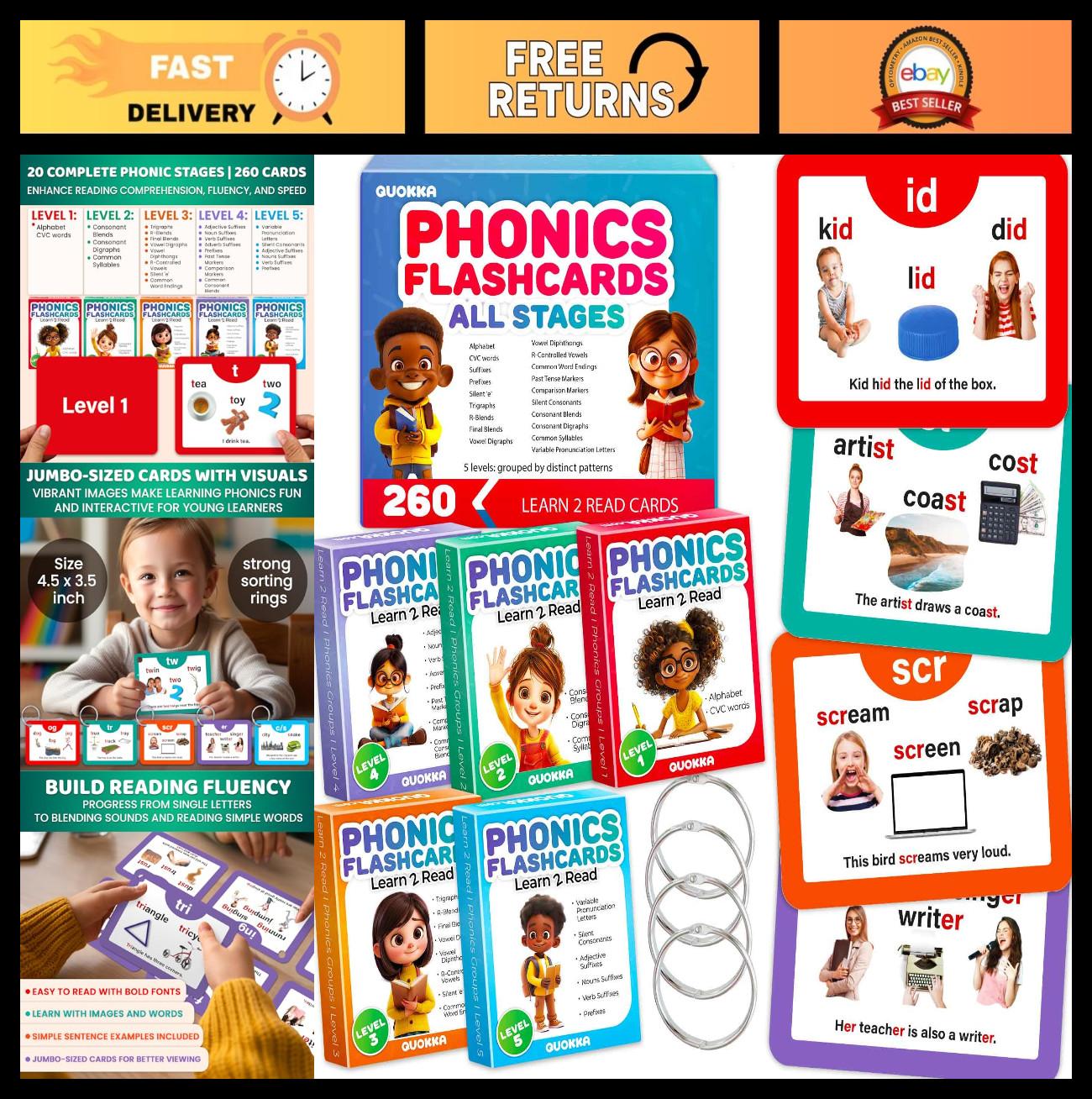 Phonics Flash Cards for Kids 4-8 – 260 Games for Reading & Phonemic Awareness