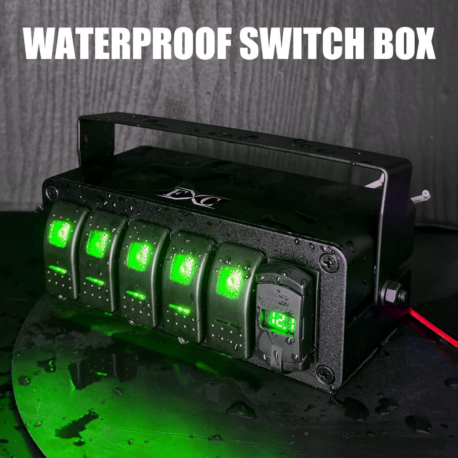 FXC 5 Gang Aluminum Rocker Switch Panel Green Backlit with PD Type C and QC 3…