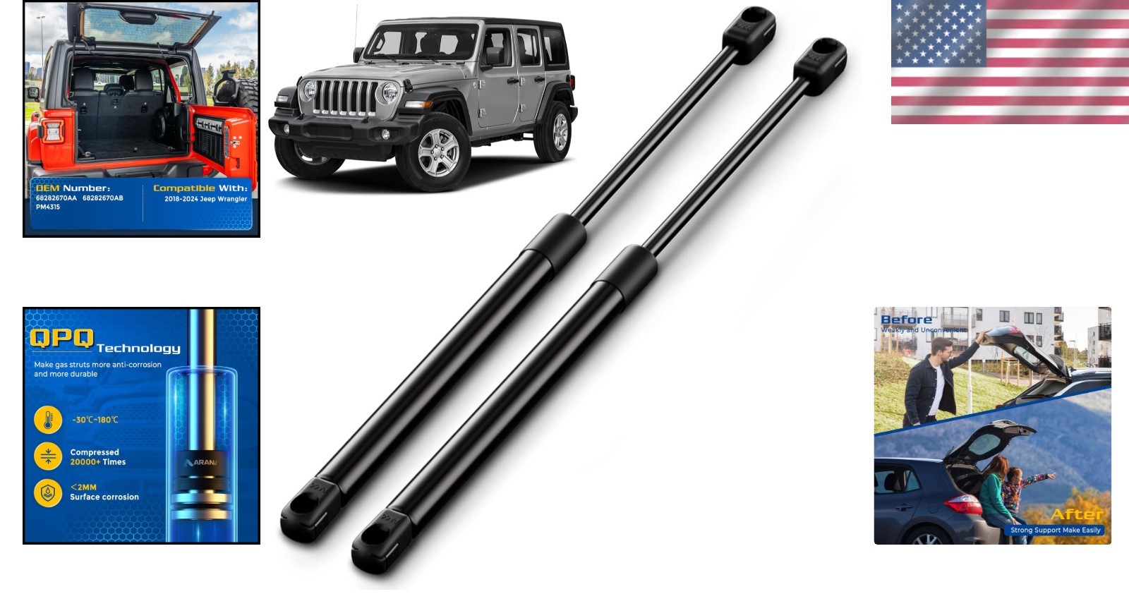 Rear Window Struts for Jeep Wrangler 2018-2025 – 2 Carbon Steel Supports