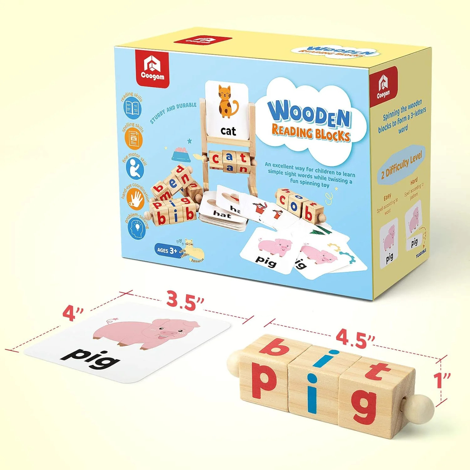 Coogam Wooden Reading Blocks Short Vowel Rods Spelling Games, Flash Cards Turnin