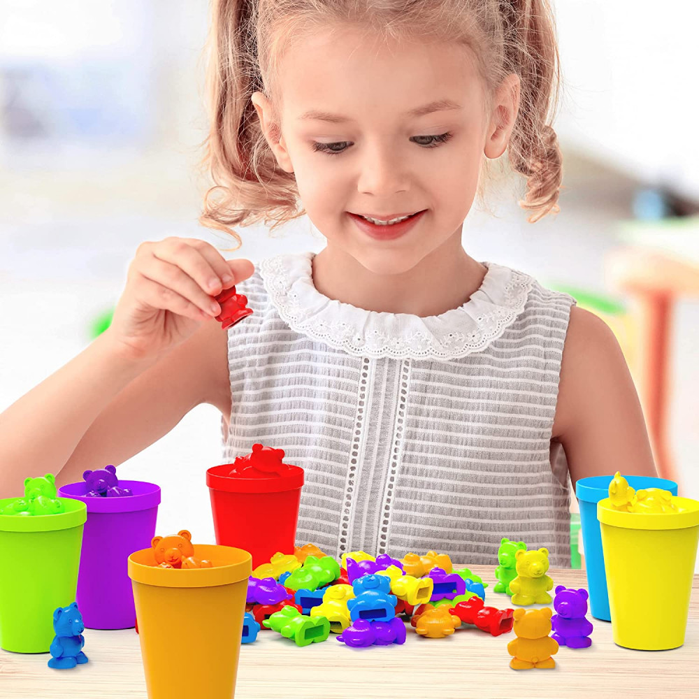 Rainbow Counting Bears w/ Matching Sorting Cups 67 Pcs Set + Storage Bag STEM _C