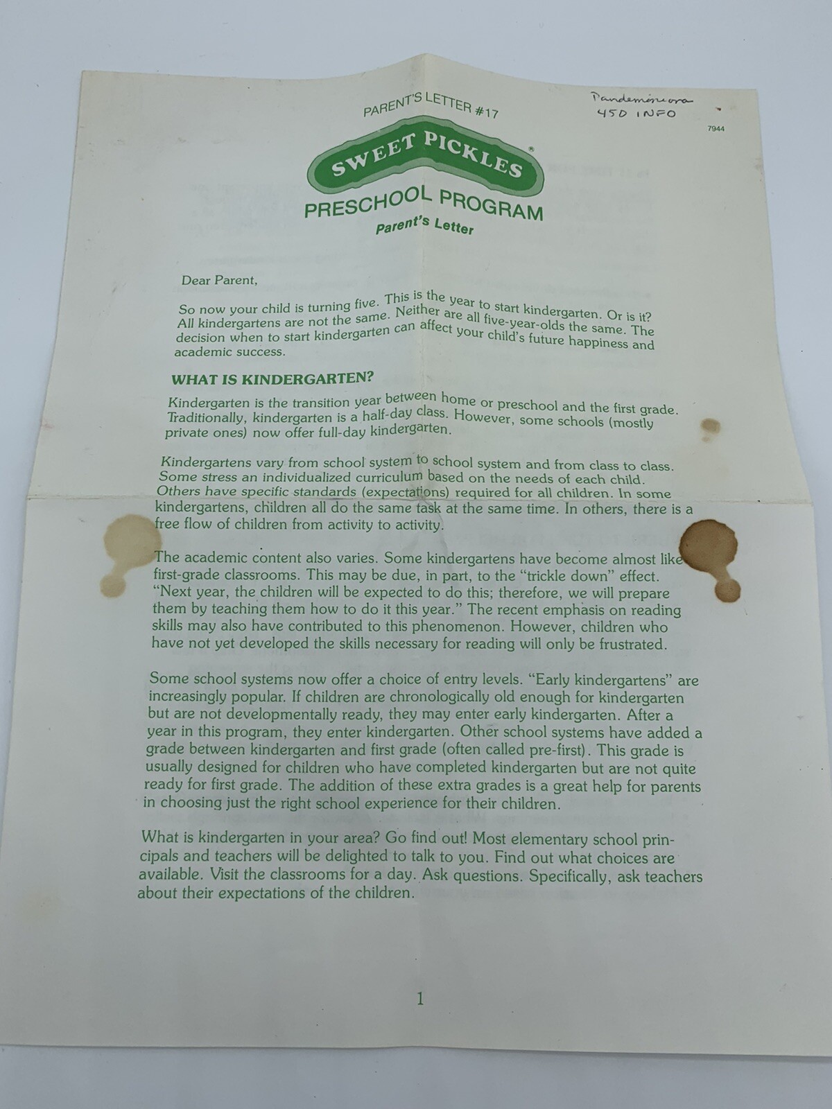 Vintage Sweet Pickles Preschool Program 70s or 80s Parents Letter