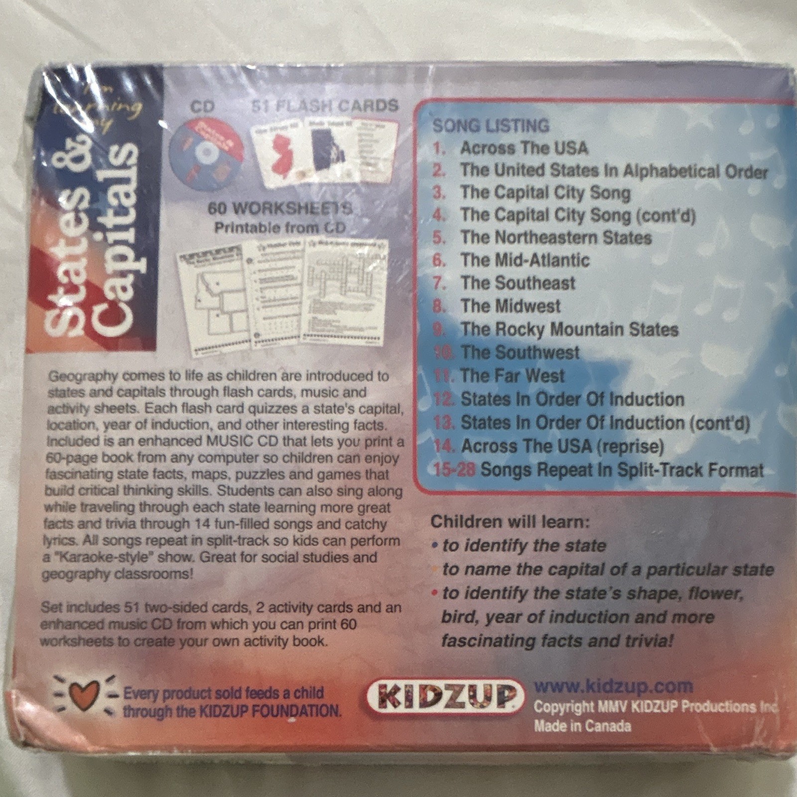 KIDZUP States & Capitals Geography Flash Cards Learning Kit w/ Music CD Ages 7+