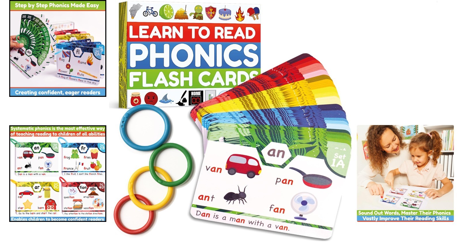 62 Large Phonics Flash Cards – Interactive Learning for Ages 4-8, 120 Sentences!