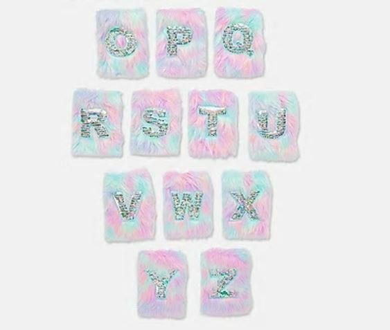 Justice Girl Faux Fur Fluffy Flip Sequins Diary Journal Writing Notebook Initial