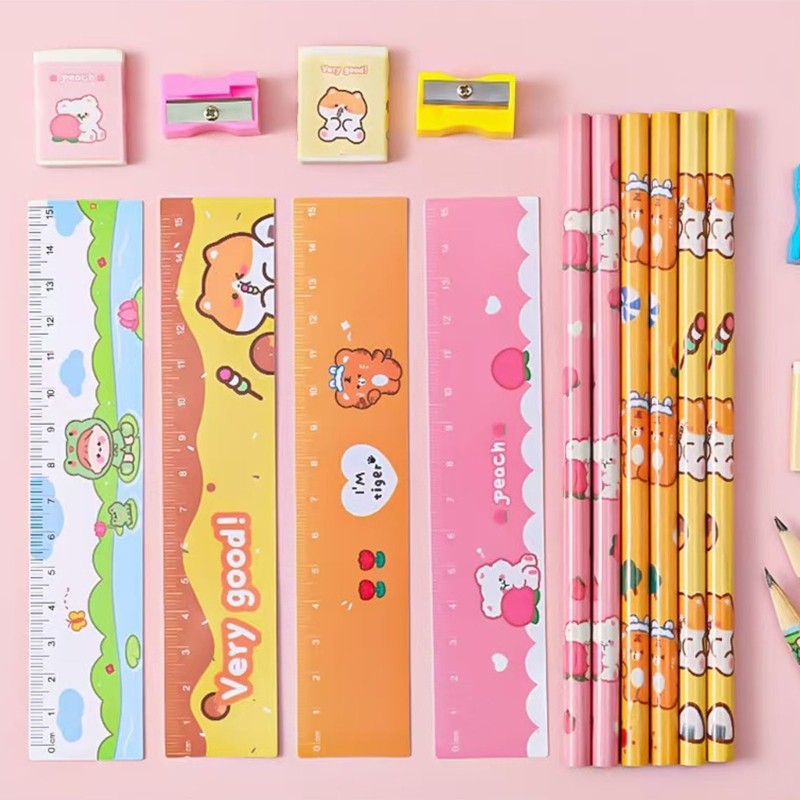 5 Pack Cartoon Wooden Pencils Kids Art Tools Eraser Sharpener Essential Set
