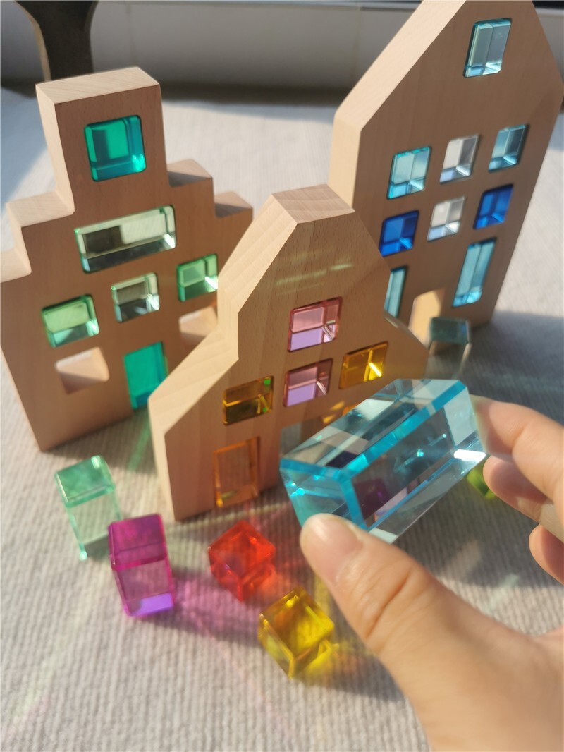 Dutch wooden houses with acrylic cubes, sensory toy set