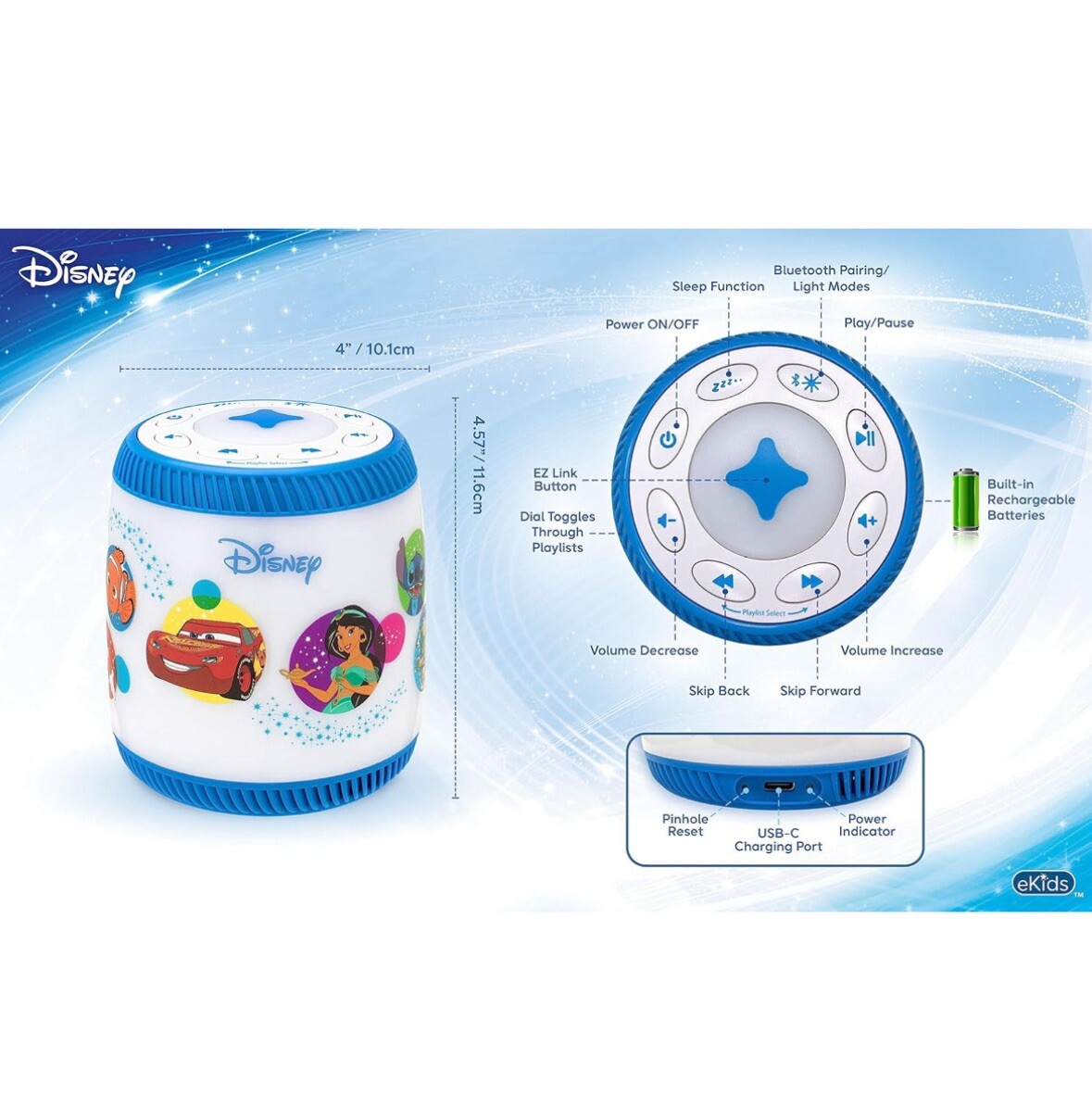 eKids Disney Bluetooth Storyteller – With EZ Link, Night Light, Bedtime Stories