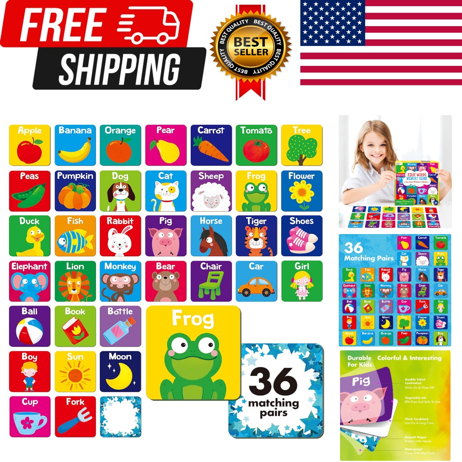 Memory Matching Game, 72 PCS First Words Matching Cards for Toddlers 36 Pairs…