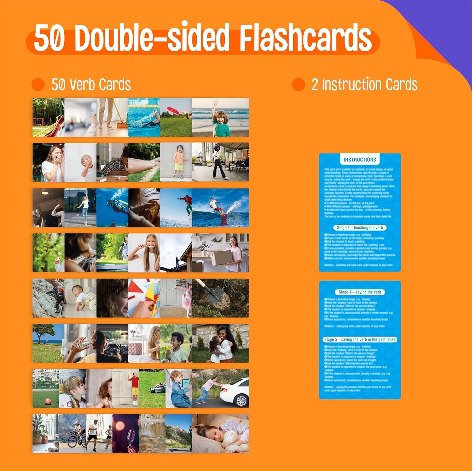 50 Verb Flashcards, Picture & Word Cards Action Language Builder Visual Aid Lang