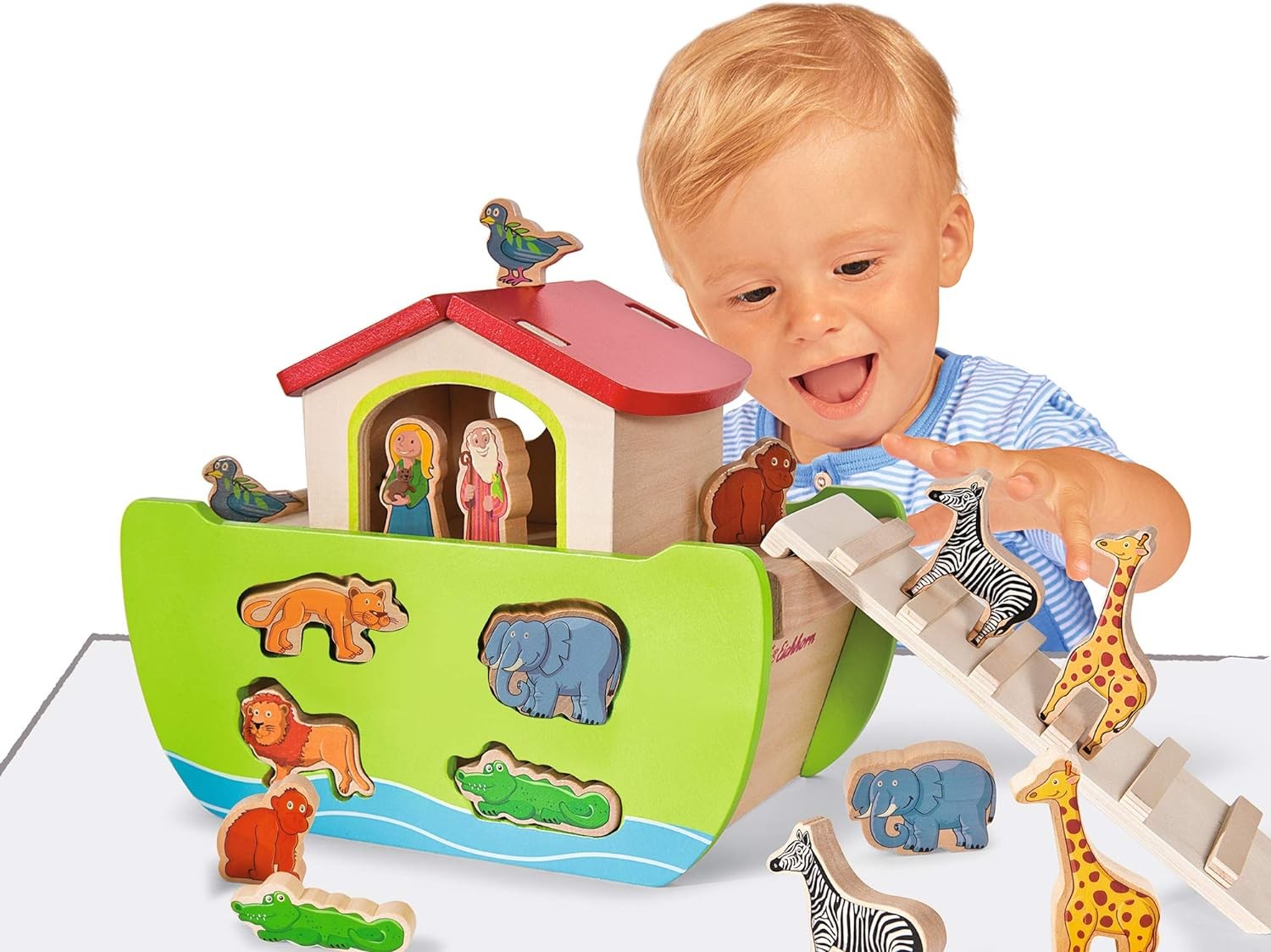 Wooden Noah’s Ark Multi-Colour Shape Sorter Toy with 16 Colourful Animal Shapes