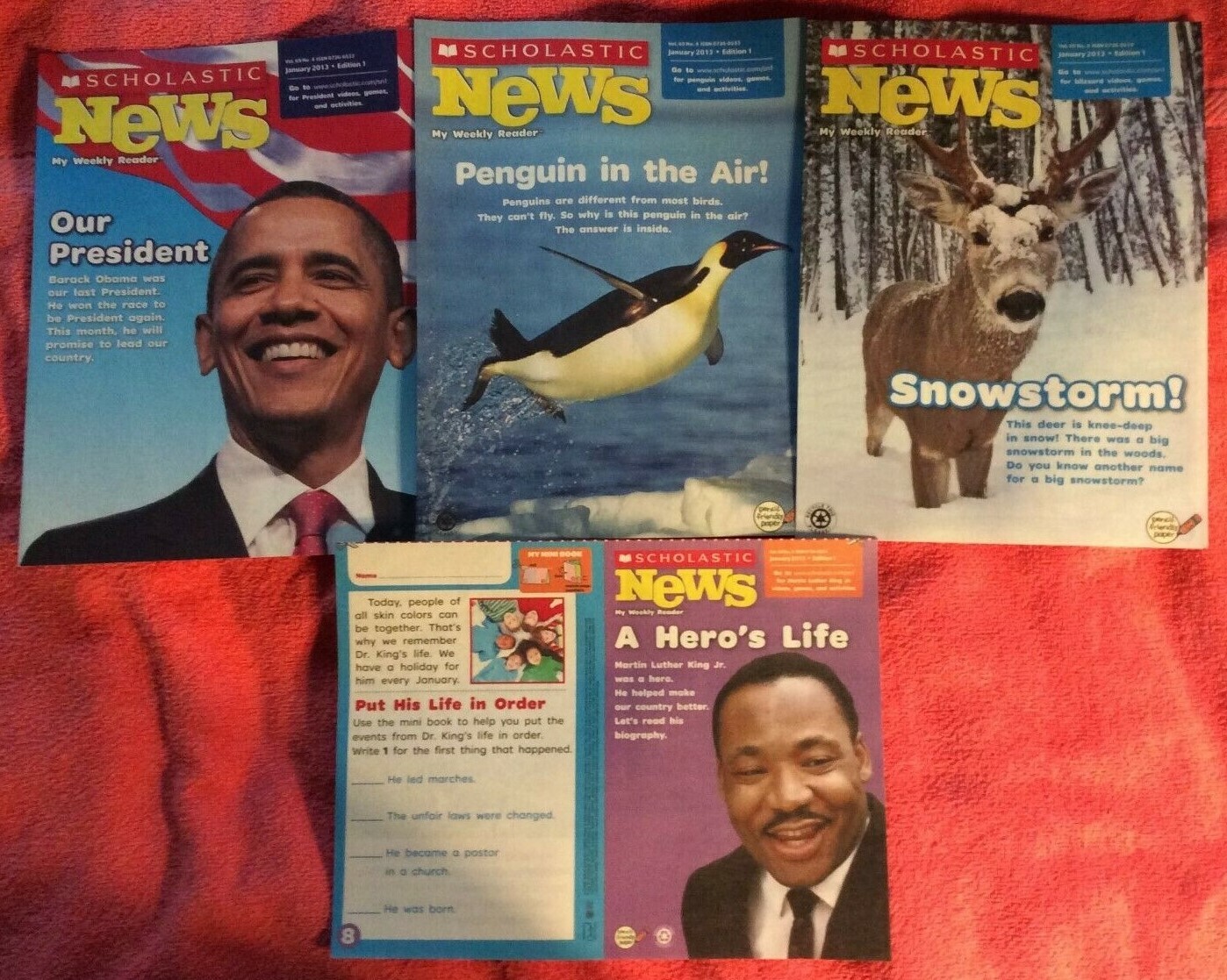 LOT OF 4 SCHOLASTIC NEWS WEEKLY READER JANUARY 2013 GRADE 1 OBAMA PENGUIN MLK JR