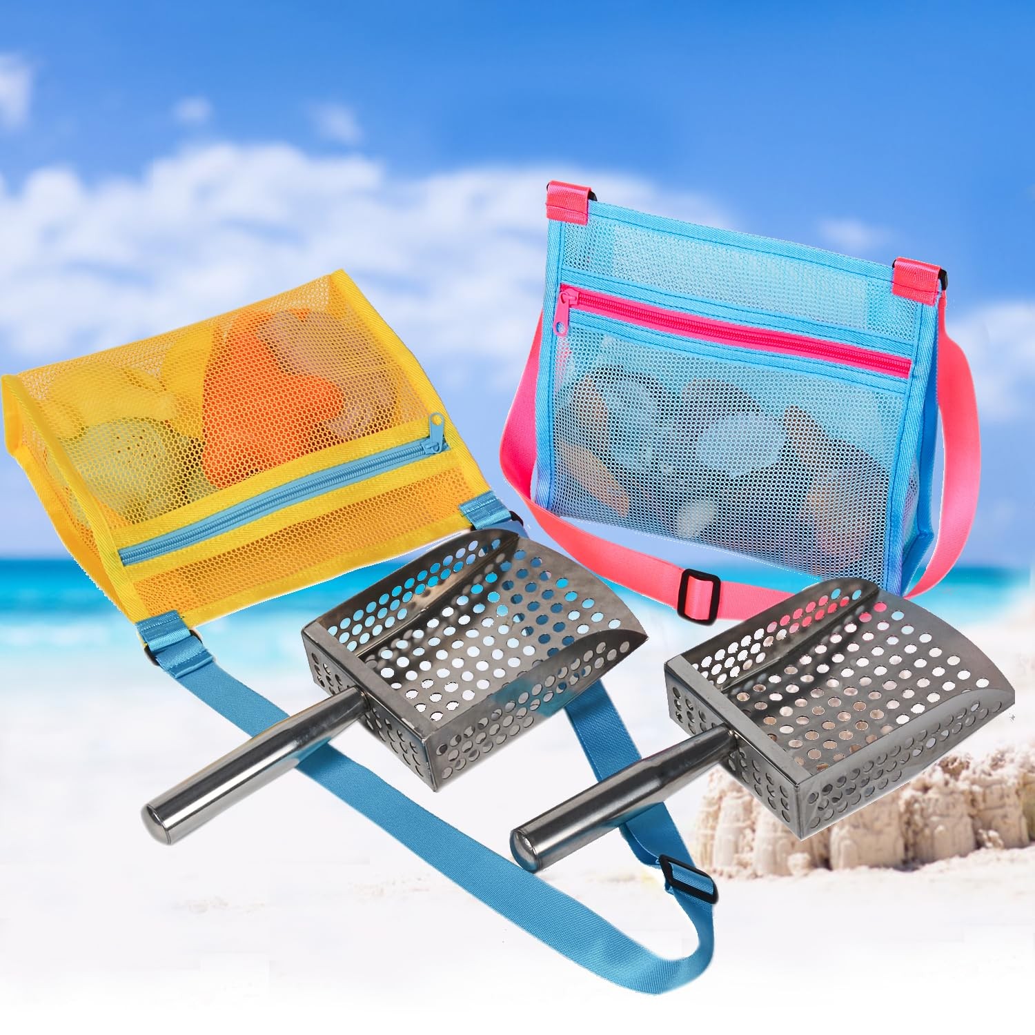 Beach Toys for Kids Sand Sifter Shovel with Mesh Beach Bag, Detachable Shell Sco