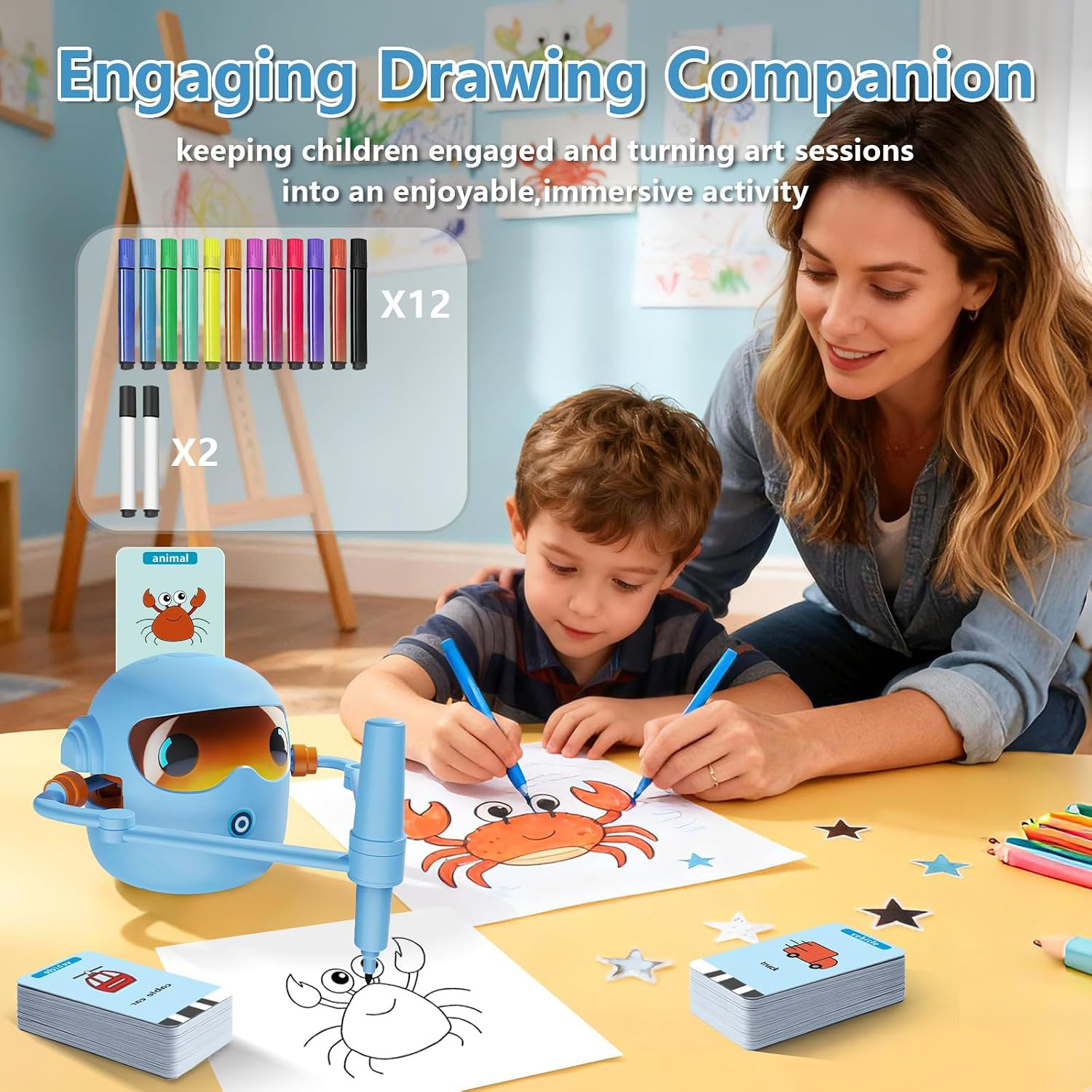 Drawing Robot for Kids | 100 Design Templates, 12 Color Pens, Voice-Guided Play,