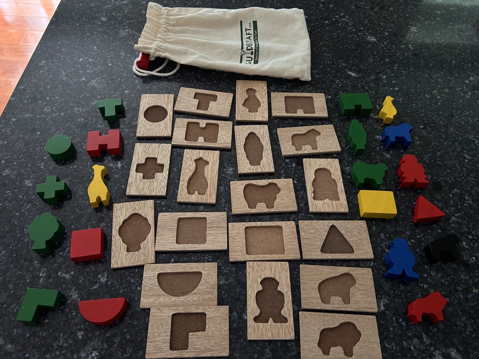 Vintage Guidecraft 3D Feel and Find – Wooden Sensory Matching Game w/Canvas Bag