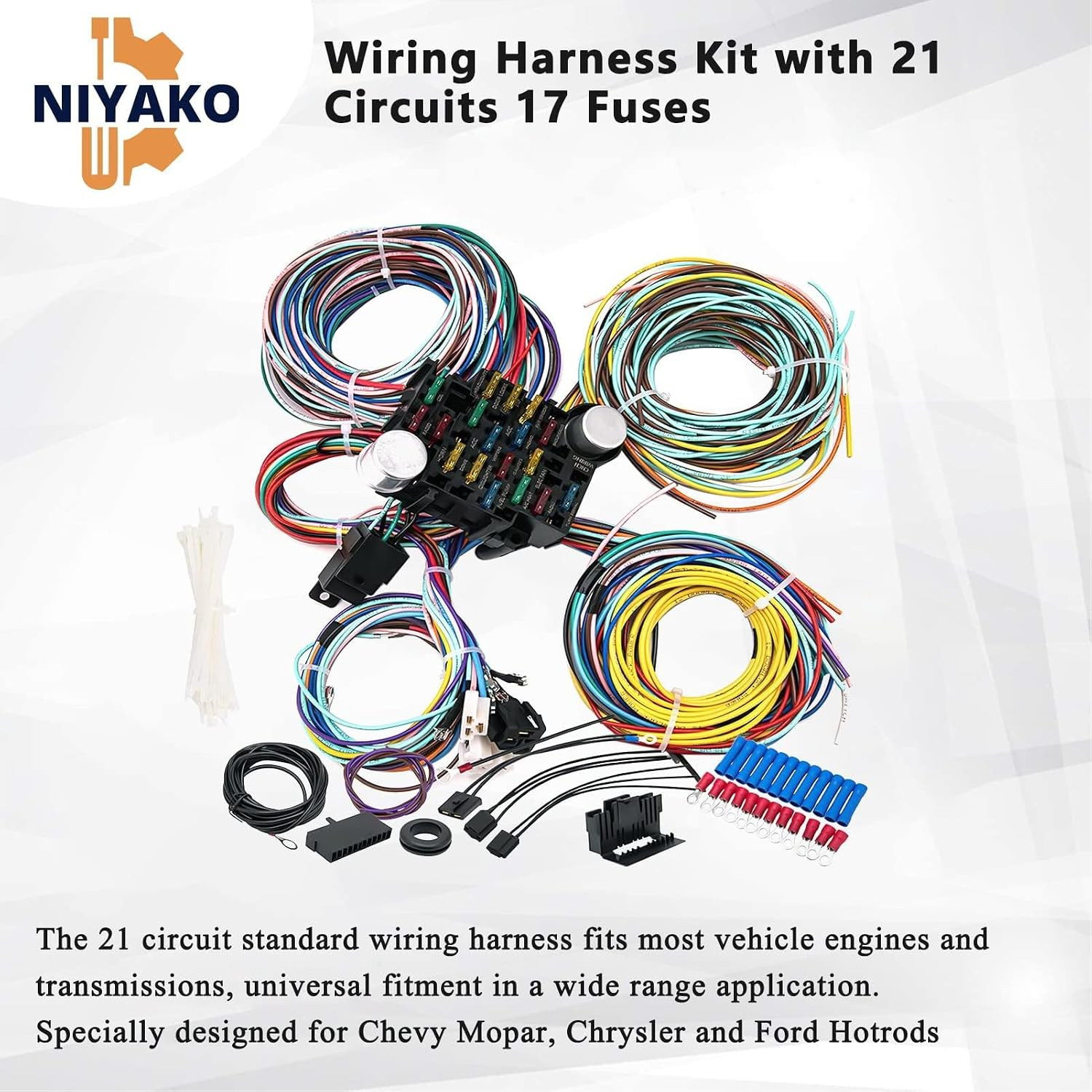 Universal 21 Circuit Wiring Harness Kit, Extra Long Wire Standard Color 17 Fuses