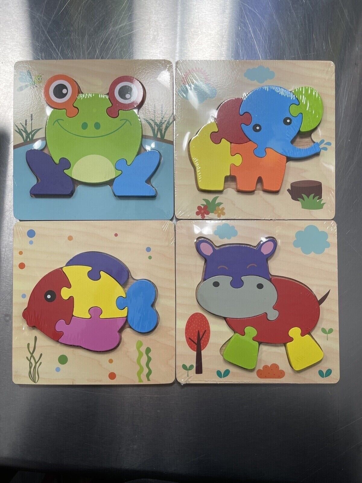 Wood Educational Colorful Animal Puzzles Learning Frog,Fish,Hippo,Elephant New