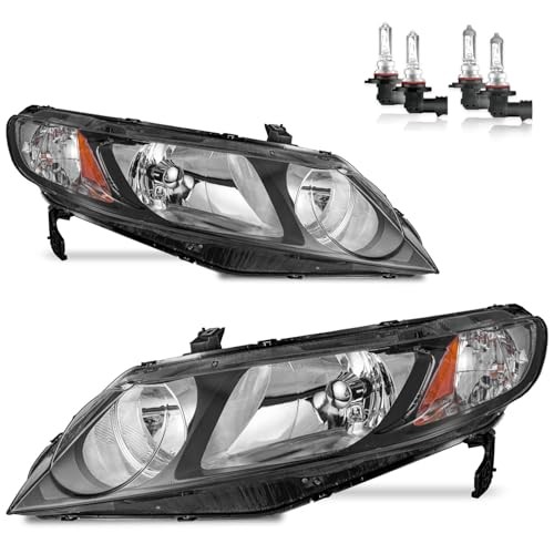 Headlights Assembly for 2006-2011 Honda Civic 4-Door Headlamp Replacement Black