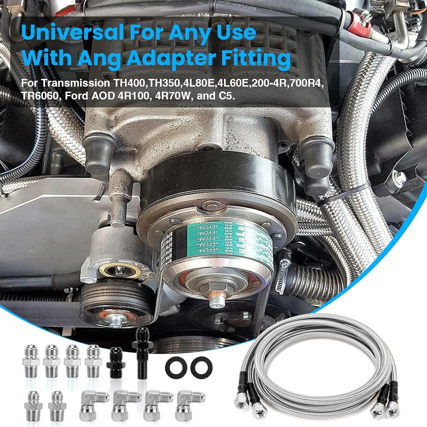 Chevy GM Ford 6AN SS Braided Transmission Cooler Lines 70″ Braided Kit