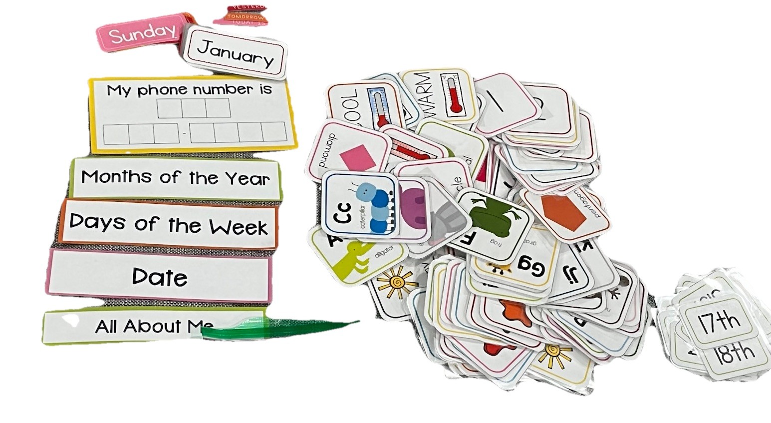 Preschool Laminated Learning Cards Calendar ABCs Shapes Weather Homeschool Lot