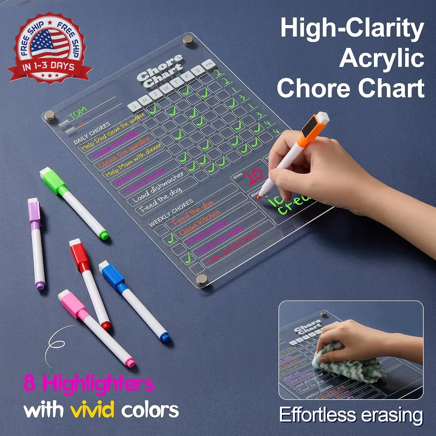 2 pcs Acrylic Magnetic Chore Chart for Kids on Fridge, Chore Board, Dry Erase Ch