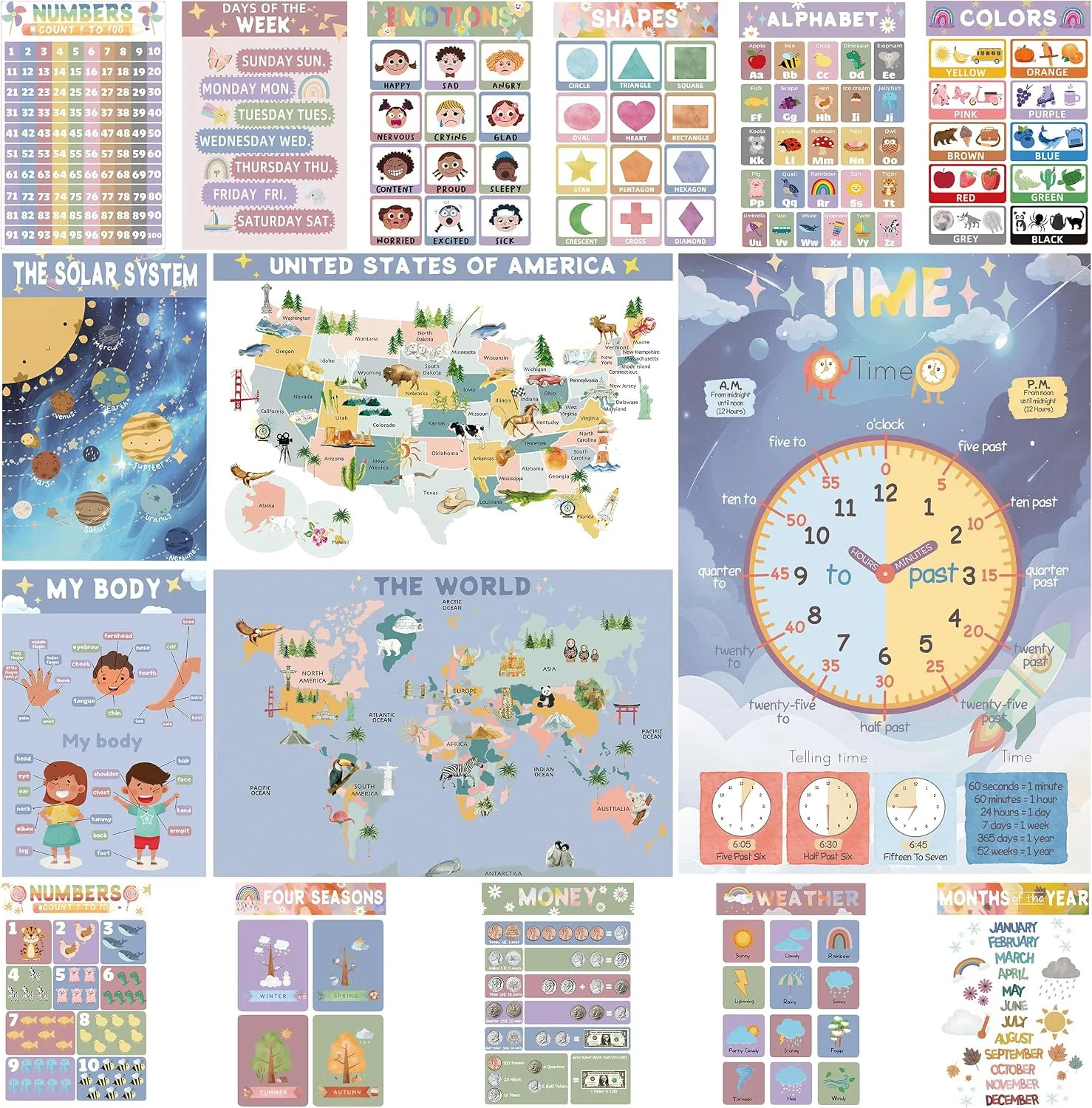 16 Educational Posters for Preschoolers, Laminated PreK Learning Poster Charts f