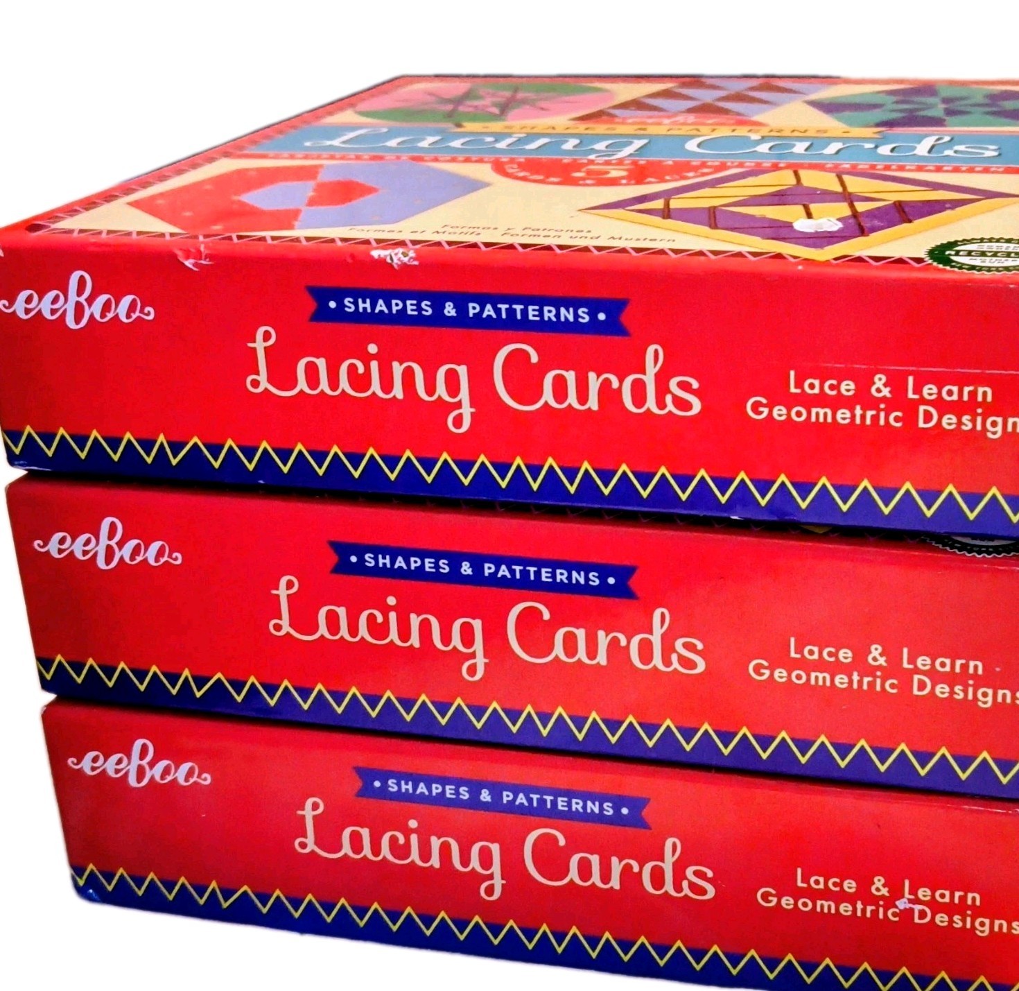3 eeBoo Shapes & Patterns Lacing Cards Lace & Learn Geometric Designs Age 5+