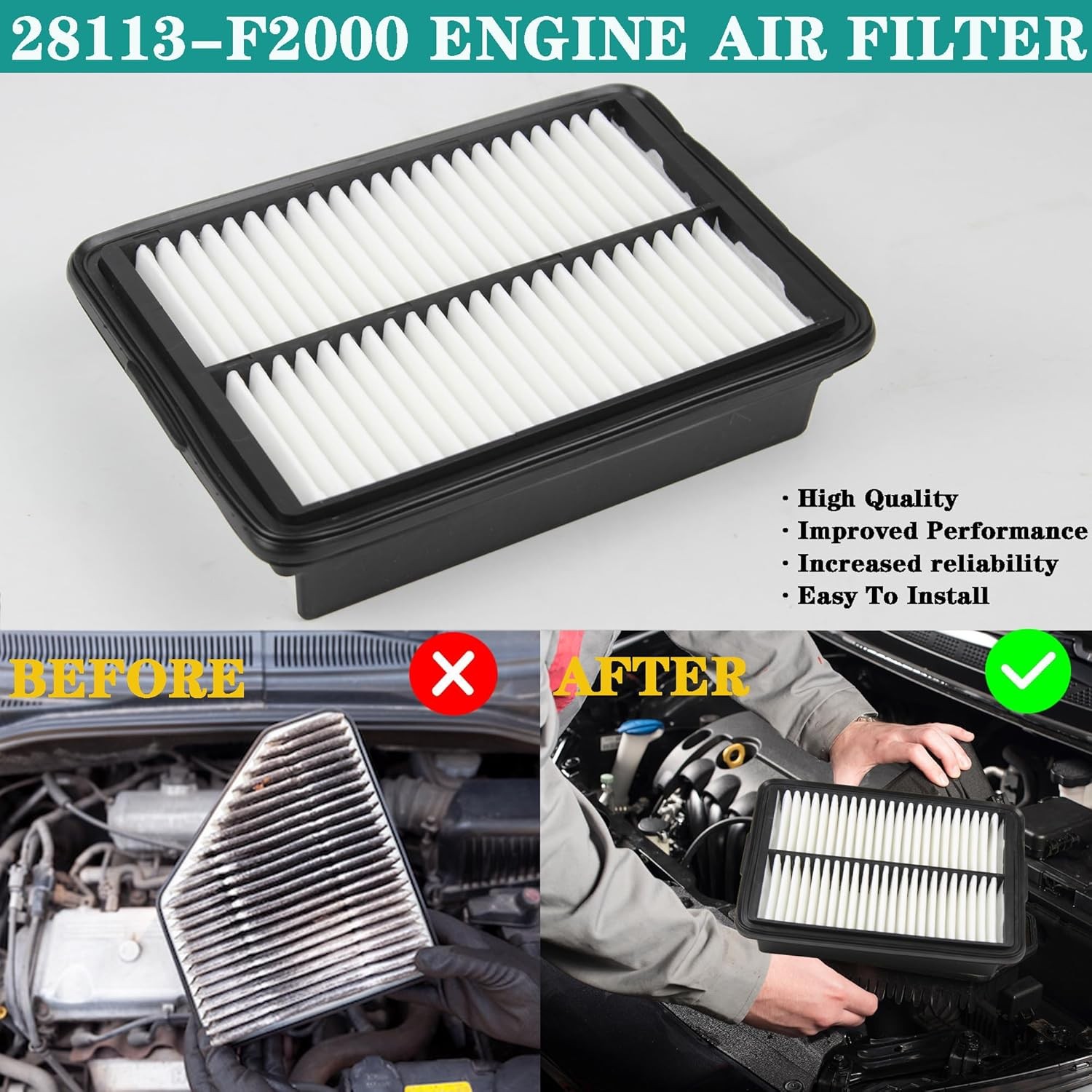 28113-F2000 Engine Air Filter – Compatible with 2017-2022 Hyundai Elantra/Elantr