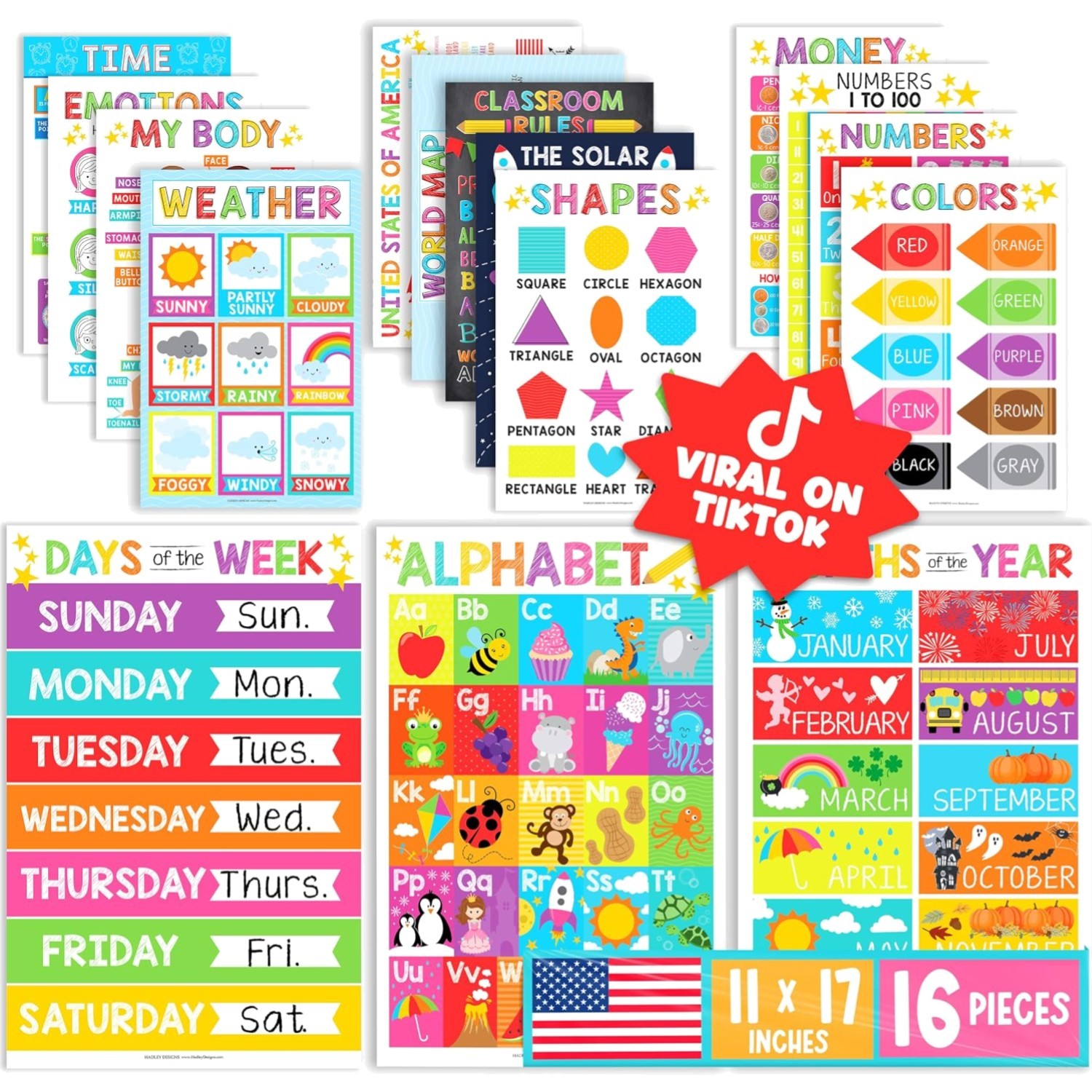 16 Educational Posters for Classroom Must Haves – Laminated Pre-K Posters for…
