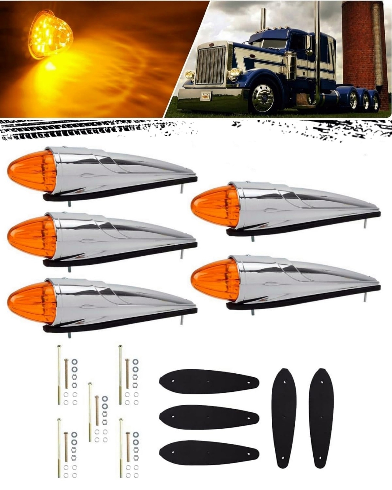 5Pcs Cab Marker Roof Running Amber Torpedo Top Lights Assembly Super Bright L…